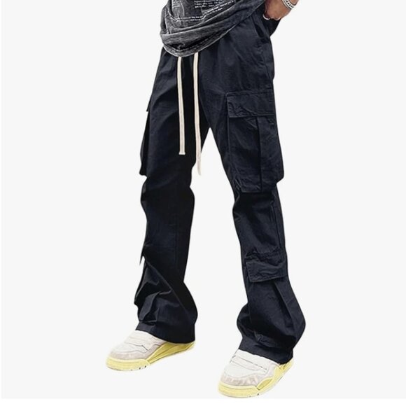 New Men's Drawstring Waist Straight Leg Solid Cargo Pants with Pocket Streetwear - Picture 1 of 4